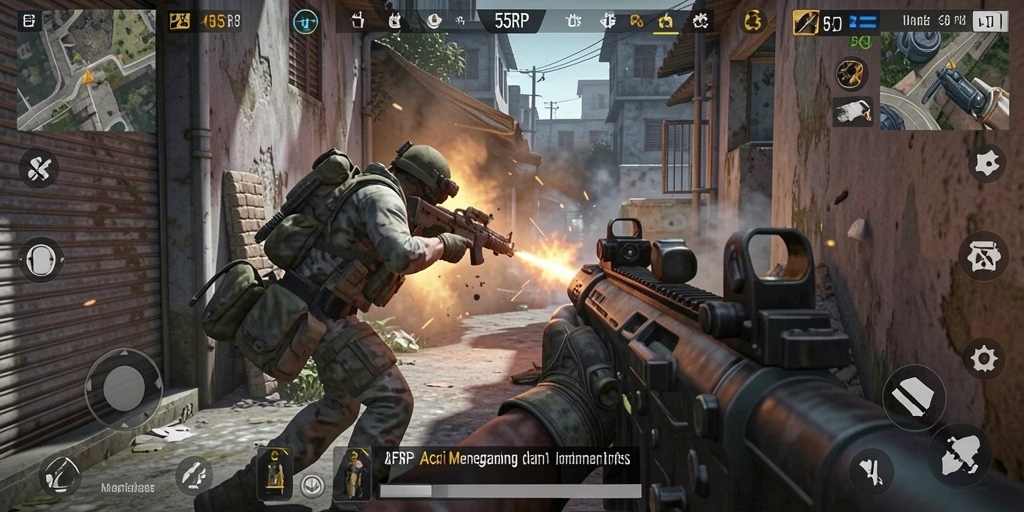Tampilan gameplay menegangkan di 55RP dengan aksi FPS intens.