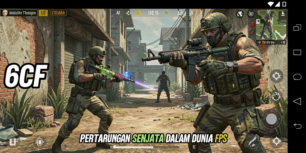 Tampilan layar gameplay menegangkan dari 6CF dalam aksi FPS.