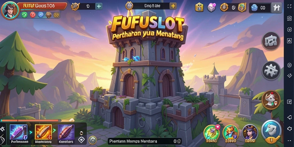 Tampilan gameplay FUFUSLOT dengan menara bertahan dari serangan musuh.