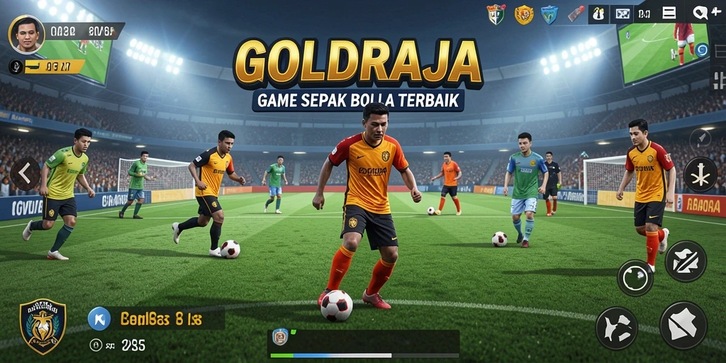 Screenshot utama gameplay GOLDRAJA menampilkan aksi sepak bola yang mendebarkan.