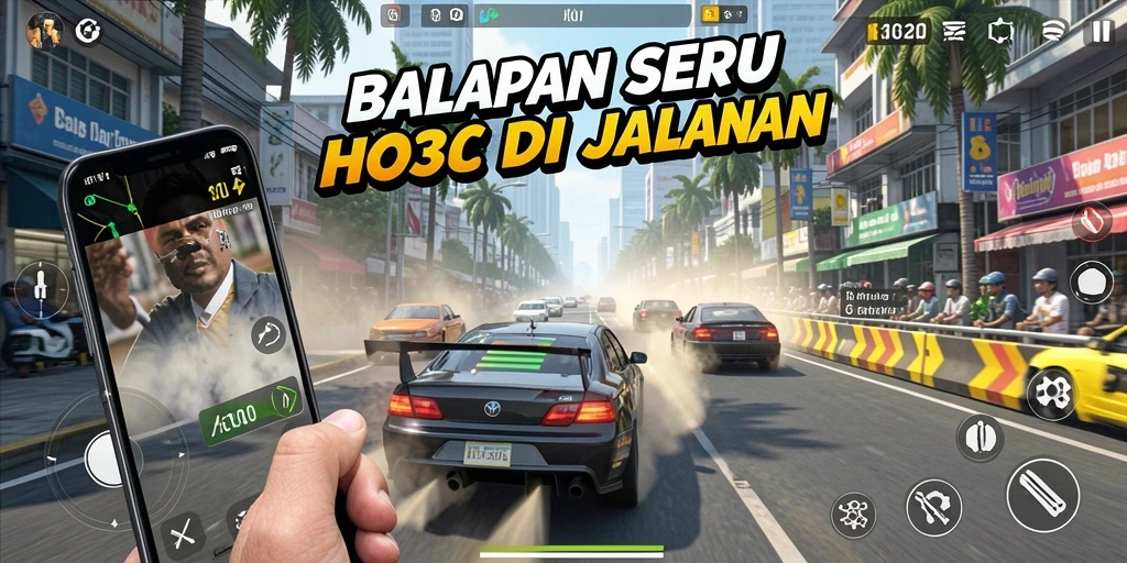Screenshot utama HO3 menampilkan mobil balap mendominasi lintasan.