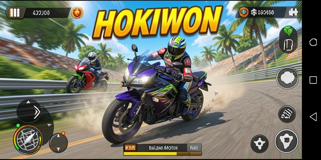 Tampilan gameplay seru HOKIWON dengan motor balap kustom.
