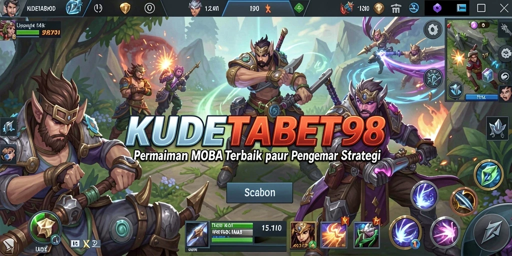 Screenshot gameplay MOBA KUDETABET98 yang menunjukkan serunya pertempuran antar tim.