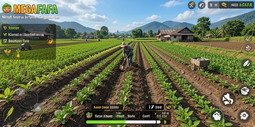 Screenshot MEGAFAFA menampilkan keindahan ladang dan aktivitas bertani.