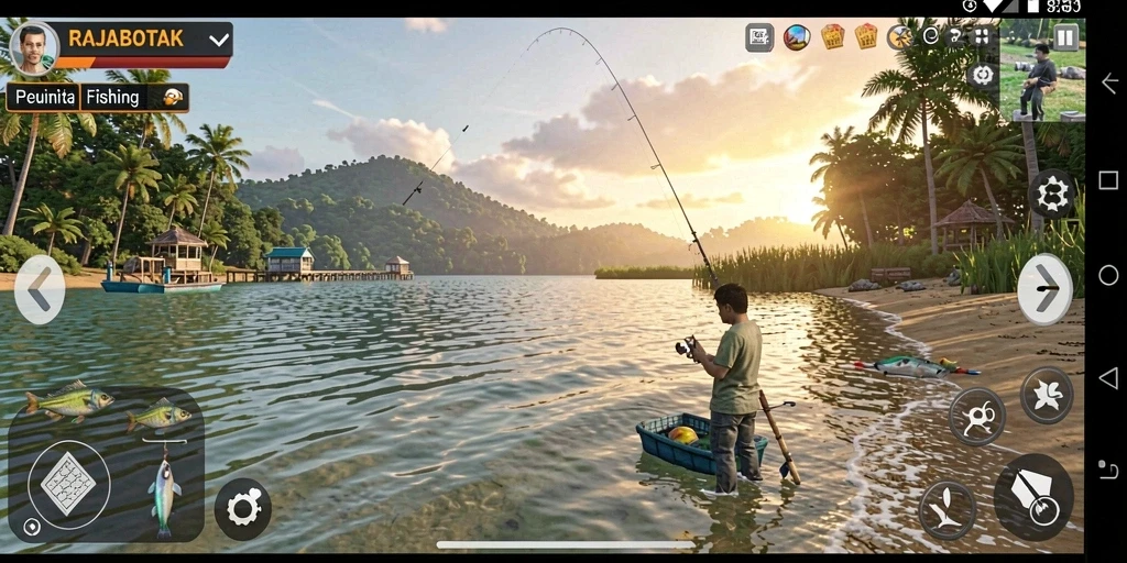 Screenshot gameplay RAJABOTAK menampilkan pengalaman memancing yang seru.