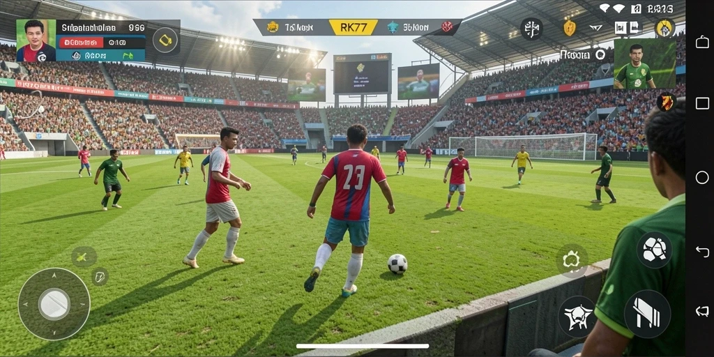 Tangkapan layar menampilkan aksi seru dalam permainan sepak bola RK77.