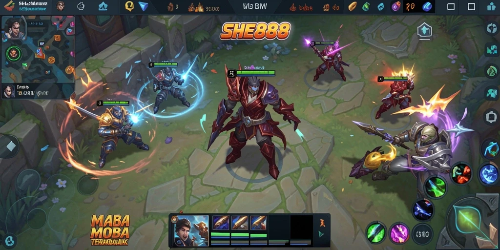 Tampilan gameplay seru dari SHE888 yang menampilkan aksi MOBA.
