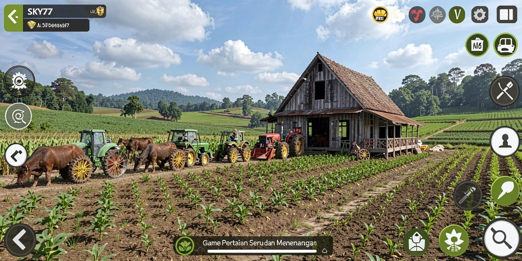 Screenshot gameplay <strong>SKY77</strong> menampilkan aktivitas bertani yang seru.