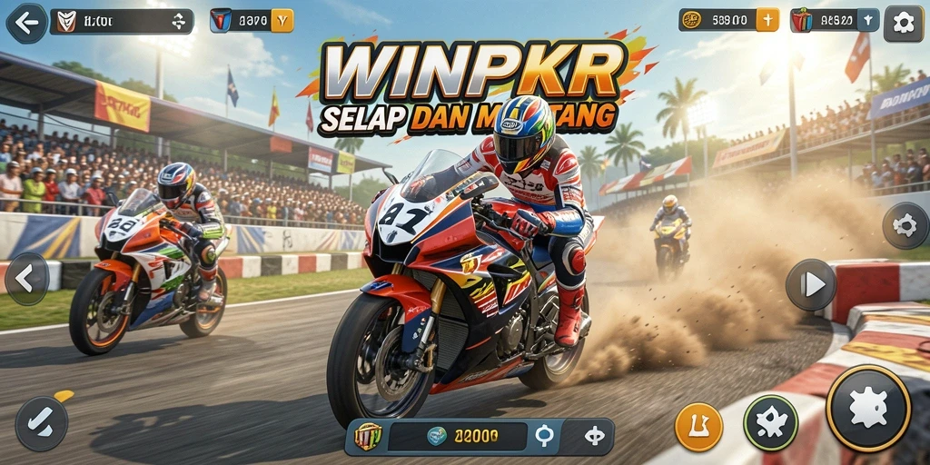 Tampilan utama gameplay WINPKR dengan aksi balapan motor yang mendebarkan.