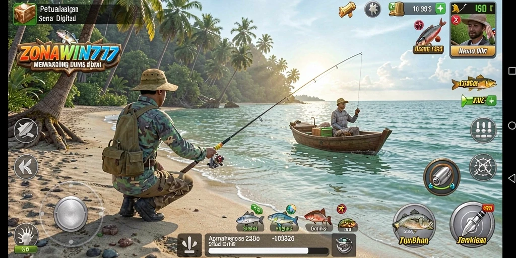 Tampilan gameplay ZONAWIN777 dengan aksi memancing yang seru.
